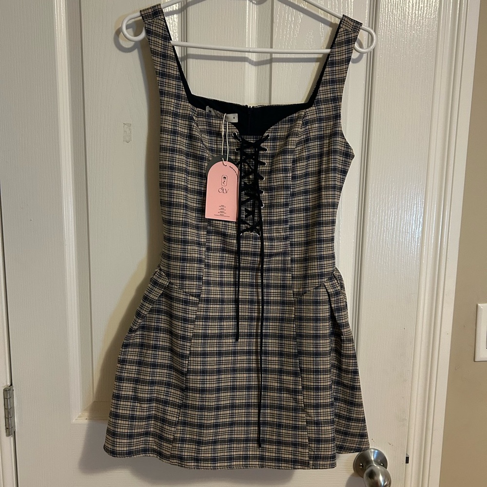 Navy and Cream Plaid Lace-Up Mini Dress